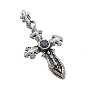 Stainless Steel Cross Pendant Pave Rhinestone Sword Antique Silver, approx 22-32mm [SSB3639]