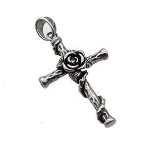 Stainless Steel Cross Pendant Flower Antique Silver, approx 24-35mm [SSB3653]