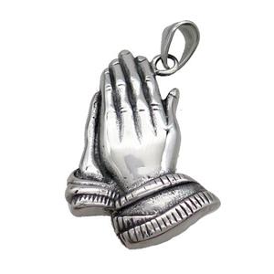 Stainless Steel Praying Hands Pendant Buddhist Antique Silver, approx 28-45mm [SSB3716]
