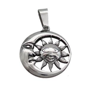Stainless Steel Sun Moon Crescent Circle Medal Pendant Antique Silver, approx 25mm [SSB3729]