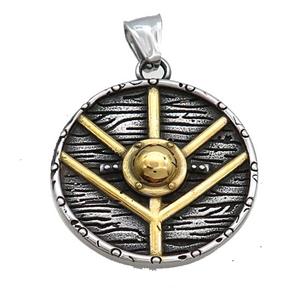 Stainless Steel Viking Shield Medal Charms Gold Pendant Antique Silver, approx 34mm [SSB3735]