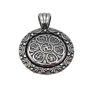 Stainless Steel Buddhist Charms Pendant Circle Om Mani Padme Hum Antique Silver, approx 28mm [SSB3739]