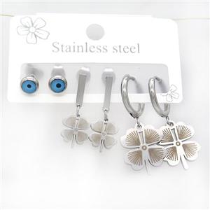 Raw Stainless Steel Earrings Evil Eye Clover, approx 6-10mm, 14mm dia [SSB3767]