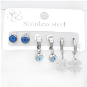 Raw Stainless Steel Earrings Evil Eye Clover, approx 6-10mm, 14mm dia [SSB3773]