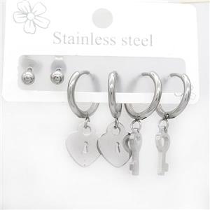 Raw Stainless Steel Earrings Key Lock, approx 6-10mm, 14mm dia [SSB3793]
