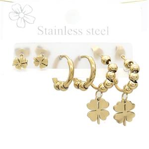 Stainless Steel Earrings Clover Gold Plated, approx 6-10mm, 14mm dia [SSB3797]