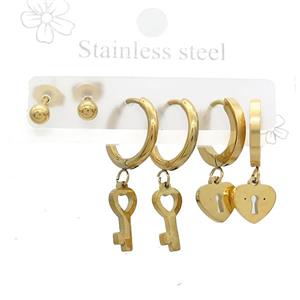 Stainless Steel Earrings Lock Key Gold Plated, approx 6-10mm, 14mm dia [SSB3833]