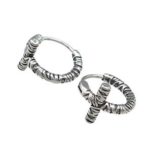 Stainless Steel Hoop Earrings Cross Antique Silver, approx 12mm, 15mm dia [SSB3987]