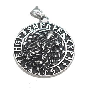 Stainless Steel Pendants Totem Charms Wolf Circle Antique Silver, approx 38mm [SSB4022]