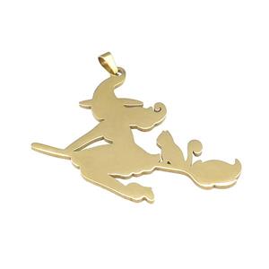 Stainless Steel Witch Charms Pendant Halloween Broom Cat Gold Plated, approx 40-50mm [SSB4062]