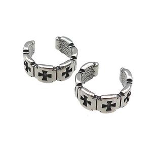 Stainless Steel Clip Earrings Cuff Cross Antique Silver, approx 13-15mm [SSB4222]