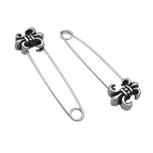 Stainless Steel Safety Pins Fleur De Lis Antique Silver, approx 9-13mm, 40mm [SSB4262]