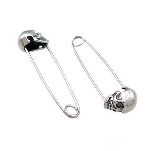 Stainless Steel Safety Pins Skull Antique Silver, approx 9-13mm, 40mm [SSB4266]