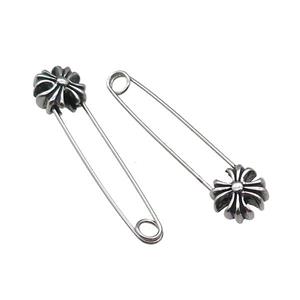 Stainless Steel Safety Pins Fleur De Lis Antique Silver, approx 9-13mm, 40mm [SSB4272]