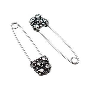Stainless Steel Safety Pins Skull Antique Silver, approx 9-13mm, 40mm [SSB4273]