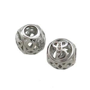 Raw Titanium Steel Round Beads Letter-B Large Hole Hollow, approx 9-10mm, 4mm hole [SSB4313]
