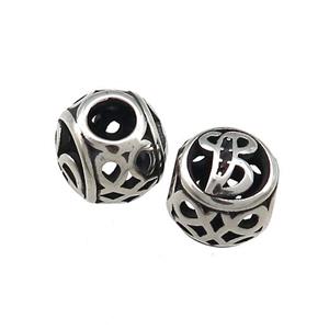 Titanium Steel Round Beads Letter-B Large Hole Hollow Antique Silver, approx 9-10mm, 4mm hole [SSB4314]