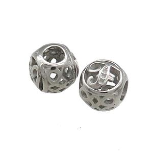 Raw Titanium Steel Round Beads Letter-F Large Hole Hollow, approx 9-10mm, 4mm hole [SSB4321]