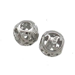 Raw Titanium Steel Round Beads Letter-H Large Hole Hollow, approx 9-10mm, 4mm hole [SSB4325]