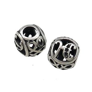 Titanium Steel Round Beads Letter-H Large Hole Hollow Antique Silver, approx 9-10mm, 4mm hole [SSB4326]