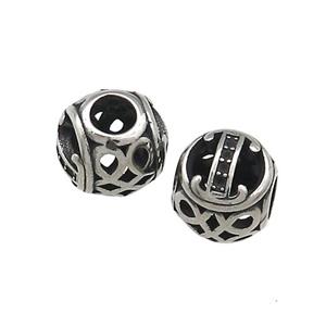 Titanium Steel Round Beads Letter-I Large Hole Hollow Antique Silver, approx 9-10mm, 4mm hole [SSB4328]