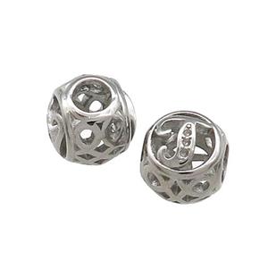 Raw Titanium Steel Round Beads Letter-J Large Hole Hollow, approx 9-10mm, 4mm hole [SSB4329]