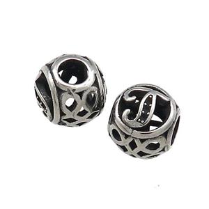 Titanium Steel Round Beads Letter-J Large Hole Hollow Antique Silver, approx 9-10mm, 4mm hole [SSB4330]