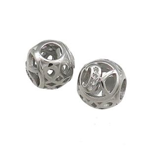 Raw Titanium Steel Round Beads Letter-K Large Hole Hollow, approx 9-10mm, 4mm hole [SSB4331]