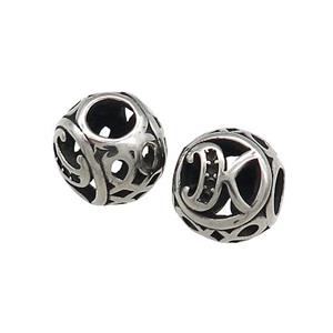Titanium Steel Round Beads Letter-K Large Hole Hollow Antique Silver, approx 9-10mm, 4mm hole [SSB4332]