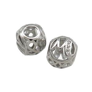 Raw Titanium Steel Round Beads Letter-M Large Hole Hollow, approx 9-10mm, 4mm hole [SSB4333]