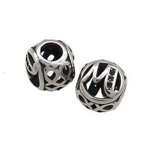 Titanium Steel Round Beads Letter-M Large Hole Hollow Antique Silver, approx 9-10mm, 4mm hole [SSB4334]