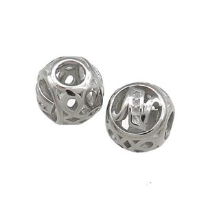 Raw Titanium Steel Round Beads Letter-N Large Hole Hollow, approx 9-10mm, 4mm hole [SSB4335]