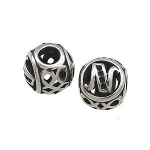 Titanium Steel Round Beads Letter-N Large Hole Hollow Antique Silver, approx 9-10mm, 4mm hole [SSB4336]