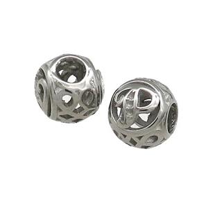 Raw Titanium Steel Round Beads Letter-P Large Hole Hollow, approx 9-10mm, 4mm hole [SSB4339]