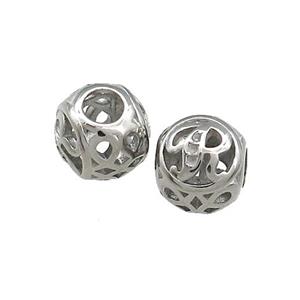Raw Titanium Steel Round Beads Letter-R Large Hole Hollow, approx 9-10mm, 4mm hole [SSB4343]