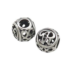 Titanium Steel Round Beads Letter-R Large Hole Hollow Antique Silver, approx 9-10mm, 4mm hole [SSB4344]