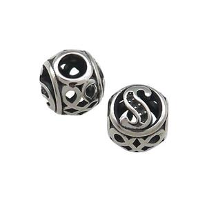 Titanium Steel Round Beads Letter-S Large Hole Hollow Antique Silver, approx 9-10mm, 4mm hole [SSB4346]