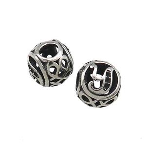 Titanium Steel Round Beads Letter-Y Large Hole Hollow Antique Silver, approx 9-10mm, 4mm hole [SSB4356]