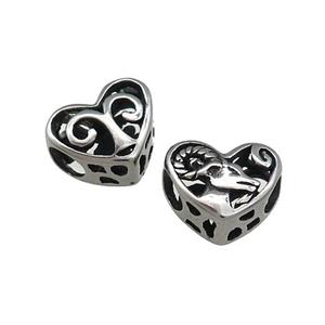 Titanium Steel Heart Beads Zodiac Aries Large Hole Hollow Antique Silver, approx 12mm, 4mm hole [SSB4366]