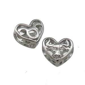 Raw Titanium Steel Heart Beads Zodiac Taurus Large Hole Hollow, approx 12mm, 4mm hole [SSB4367]