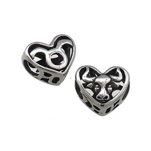 Titanium Steel Heart Beads Zodiac Taurus Large Hole Hollow Antique Silver, approx 12mm, 4mm hole [SSB4368]