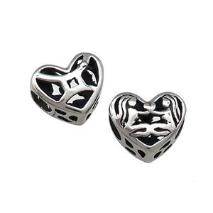 Titanium Steel Heart Beads Zodiac Gemini Large Hole Hollow Antique Silver, approx 12mm, 4mm hole [SSB4370]