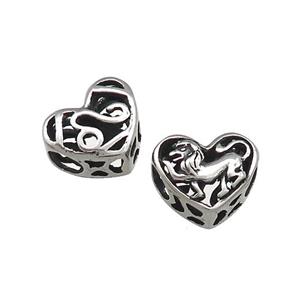 Titanium Steel Heart Beads Zodiac Leo Large Hole Hollow Antique Silver, approx 12mm, 4mm hole [SSB4372]