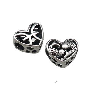 Titanium Steel Heart Beads Zodiac Pisces Large Hole Hollow Antique Silver, approx 12mm, 4mm hole [SSB4380]