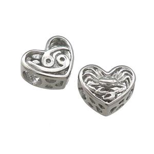 Raw Titanium Steel Heart Beads Zodiac Cancer Large Hole Hollow, approx 12mm, 4mm hole [SSB4381]
