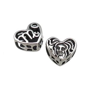 Titanium Steel Heart Beads Zodiac Virgo Large Hole Hollow Antique Silver, approx 12mm, 4mm hole [SSB4384]