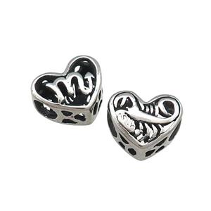 Titanium Steel Heart Beads Zodiac Scorpio Large Hole Hollow Antique Silver, approx 12mm, 4mm hole [SSB4388]