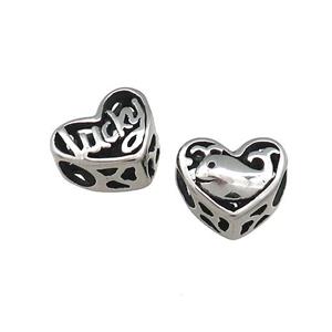 Titanium Steel Heart Beads Lucky Dolphin Large Hole Hollow Antique Silver, approx 12mm, 4mm hole [SSB4390]