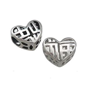 Raw Titanium Steel Heart Beads Lucky Fu Large Hole Hollow, approx 12mm, 4mm hole [SSB4391]