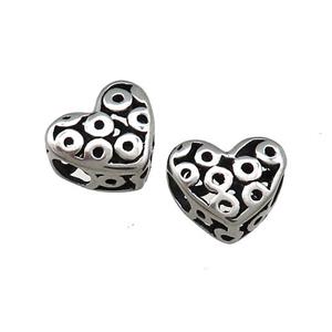 Titanium Steel Heart Beads Large Hole Hollow Antique Silver, approx 12mm, 4mm hole [SSB4394]